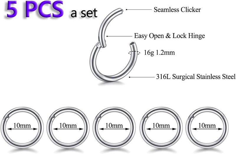 HQLA 5Pcs 16G 18G Surgical Steel Nose Rings Hoop Tragus Septum Cartilage Hoop Earrings For Women Men Body Piercing Jewelry Kit Bar Length 6mm/8mm/10mm/12mm/14mm - Image 1